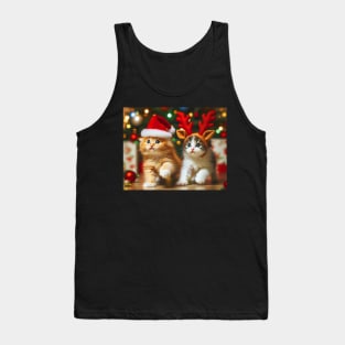 Cute kittens with Santa Claus and reindeer hats and Christmas tree Tank Top